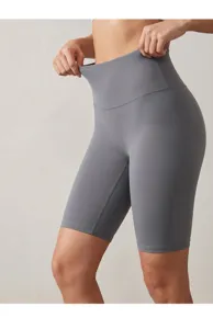 High waist grey yoga shorts detail, seamless design and tummy control for fitness and gym wear.
