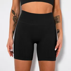 Schwarze gerippte nahtlose Fitness-Biker-Shorts für Damen, High-Waist-Sport-Yoga-Sporthose