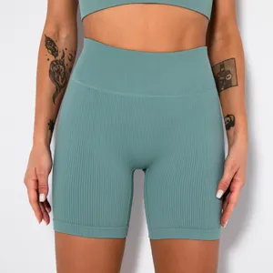 Damen Nahtlos Gerippte Hohe Taille Yoga Shorts Athletisch Gym Fitness Biker Shorts