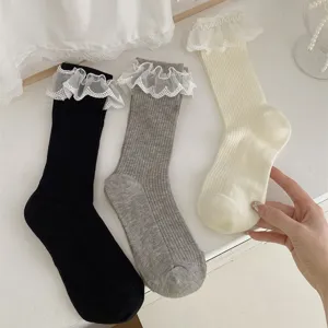 Femmes Japonais JK Lolita Dentelle Volants Tube Moyen Chaussettes Coton Mignon Casual