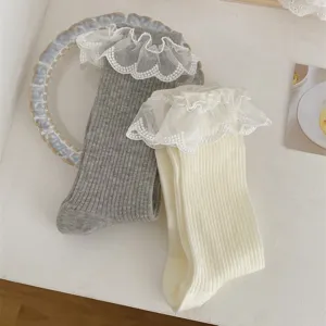 Chaussettes mi-hautes pour femmes style JK Lolita japonais avec volants en dentelle blanche