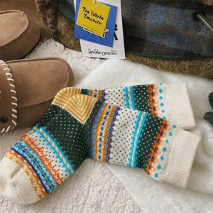 Vintage Fair Isle gebreide damessokken, gezellige retro winter thermische crew sokken.