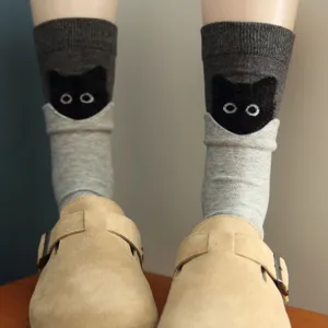 Κάλτσες γάτας peekaboo με χνουδωτό σχέδιο μαύρης γάτας, χαριτωμένες βαμβακερές κάλτσες.