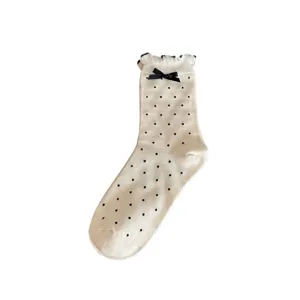 Korean style cute women mid-tube socks with black bow and polka dots, sweet vintage design