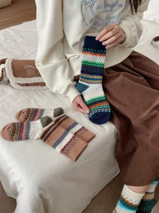 Amerikaanse vintage Fair Isle gebreide damessokken mid-tube, dikke thermische retro sokken.