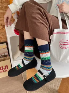 Retro Fair Isle gebreide middelhoge sokken voor dames, gezellig geometrisch patroon warme stijl