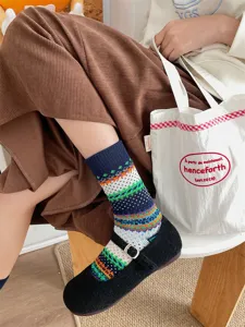 Fair Isle gebreide dames sokken, vintage etnisch geometrisch patroon dikke casual kousen.