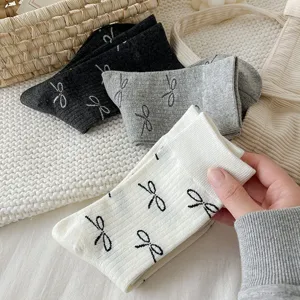 Korean style bow mid tube socks women white gray ballet core cotton retro socks daily wear