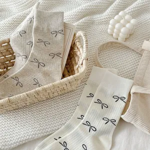 Korean style women mid-calf cotton socks with cute bow patterns, cozy daily wear and vintage style.