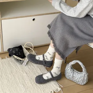 Grey wool skirt Mary Jane shoes and white bow socks set, elegant vintage style outfit.