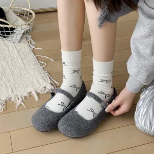 Grey Mary Jane shoes and white bow mid-calf socks set, Korean vintage style women footwear.