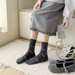 Grey bow mid-tube socks for women, Korean style cute ribbed cotton socks for daily wear.