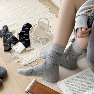 Grey bowknot mid-tube socks women Korean style cute ballet cotton socks vintage casual daily wear