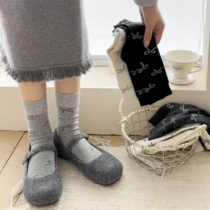 Grey bow socks women Korean cute ballet style mid-tube socks retro cotton socks daily wear