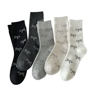 Women cute bow crew socks ribbed knit cotton hosiery set multi color daily casual wear
