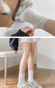 Detailansicht japanischer Spitzen-Rüschensocken für Damen, weißes Bubikragen-Design aus Baumwolle.