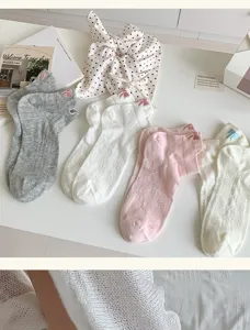 Women's cute bow embroidered hollow breathable short socks, soft cotton summer ankle socks.