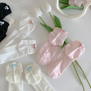 Women Pure Cotton Short Socks Sweet Bowknot Embroidery Hollow-out Breathable Summer Casual Daily Socks