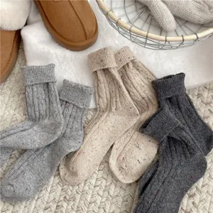 Cozy thick winter wool socks for women, flecked yarn cable knit, soft mid-calf socks.