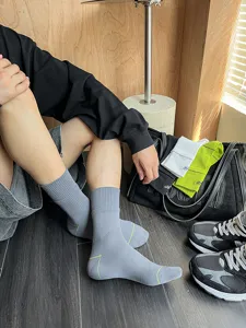 Men's mid-tube cotton sports socks with neon embroidery, breathable, comfortable and stylish.