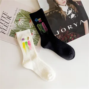 Chaussettes mi-hautes femme coton broderie éclaboussure d'encre noir blanc tendance mode