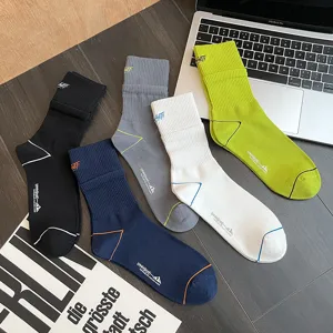 Men's stylish cotton crew socks featuring letter embroidery, breathable fabric and comfortable cuffs.