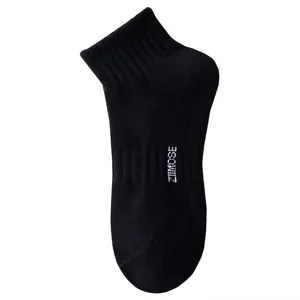Men's black low-cut athletic socks with breathable cotton fabric and stylish letters.