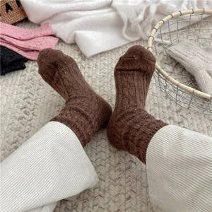 Thick wool blend cable knit mid-calf socks for women autumn winter cozy thermal hosiery.