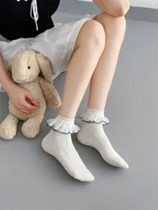 Japanese JK style white frilly lace socks sweet Lolita design soft cotton mid-tube socks.
