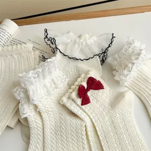 White lace ruffled socks for women, Lolita JK style knee high socks with cute red bow.