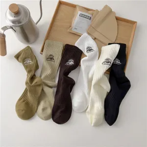 Outdoor camping embroidered snow mountain crew socks for men and women cotton hiking socks
