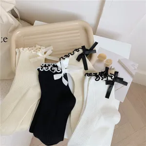 Rüschen Schleife mittelhohe Socken japanischer Stil süße Baumwolle weiß schwarz Damen Socken