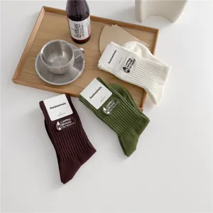 Vintage cotton mid-tube socks with camping oil lamp embroidery, retro style daily wear.