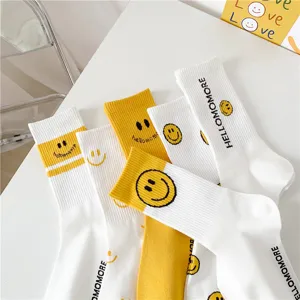 Chaussettes smiley jaunes femme automne coton mi-mollet avec lettres mignonnes imprimées
