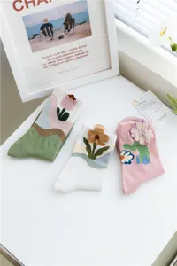 Cute floral mid-calf cotton socks for women, vintage plush flower sweet style, spring autumn casual.