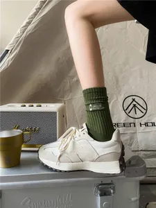Vintage camping style embroidered mid tube cotton socks for women and men, retro outdoor