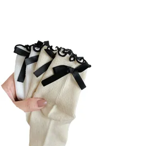 Damen süße rüschen schleife mittelsocken japanischer stil weiß schwarz baumwolle socken neu