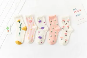 Retro japanische Damen Wadenstrümpfe süße Planeten Blumen Rüschen Baumwolle Freizeitsocken