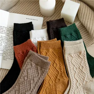 Women Vintage Argyle Cable Knit Socks Japanese Minimalist Thick Warm Wool Blend Mid Calf Socks Cozy Crew Socks Daily Casual Wear