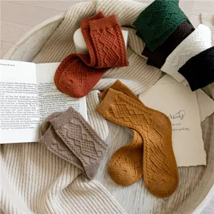 Detailed view of vintage argyle knit wool blend women mid-calf socks in cozy autumn style.