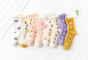 Japanische Vintage Damen Socken mit Planeten und Blumen Muster süße Rüschen Bündchen
