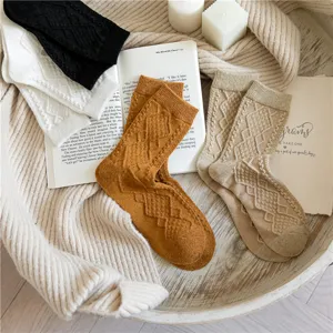 Cozy wool blend diamond knit socks detail, retro winter warm mid-tube casual socks style.