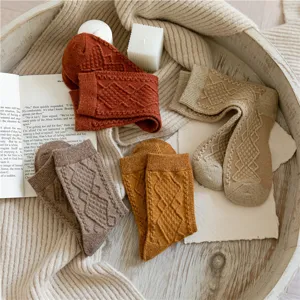Cozy women's wool blend diamond knit mid-calf socks, thick warm vintage winter casual socks.