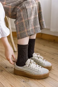 Women wool blend mid tube socks with cable knit diamond pattern, cozy autumn winter hosiery.