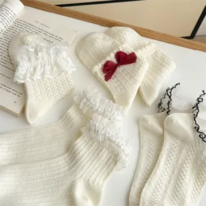 Japanese Preppy Style Lace Trim Socks Lolita Bowknot Frilly Mid-Calf Socks For Women Sweet Cotton Blend Ruffle Knee High Socks Everyday Accessories