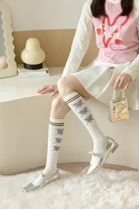 Vue détaillée de chaussettes hautes style collège français avec motif cœur et rayures.