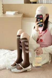 Gros plan détaillé de chaussettes hautes marron avec motifs de cœurs et superbes chaussures.