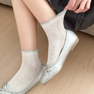 Cute white ruffle mesh socks detail shot, sweet JK lolita cotton low-cut socks for women.