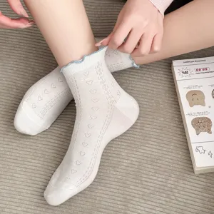 White frilly mesh ankle socks for women, cute sweet lolita cotton short socks with ruffles.