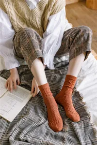 Cozy women wool blend knit socks, thick warm vintage cable mid calf socks for autumn winter.